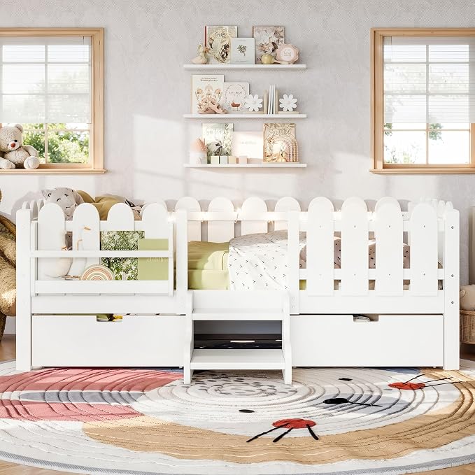 Bellemave Twin Kids Montessori Bed with Stairs, Bookshelf and LED Lights, Solid Wood Kids Bed Frame with Storage Drawers for Boys Girls, Low Profile,White