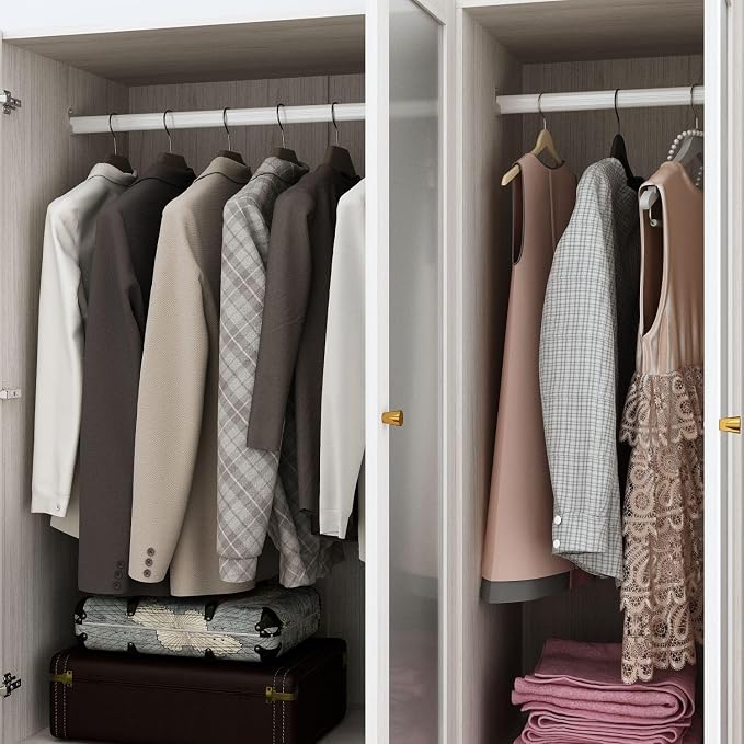 MOUMON Bedroom Armoires with Frosted Glass Doors and Hanging Rod, Wide Modern Wardrobe with Drawers, Large Armoire Wardrobe Closet, Wood Grain 63" W x 19.7" D x 70.9" H