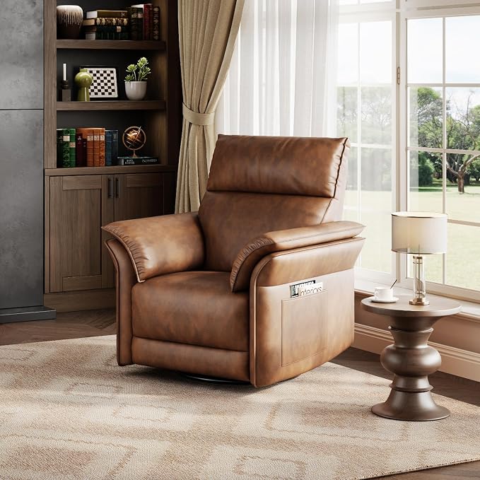 Power Recliner Chair with Side Pockets, 270° PU Leather Swivel & Glider Rocker Armchair with USB Charging Port and Thickened Dual-Layer Armrests, Modern Recliner for Living Room&Nursery (Walnut)