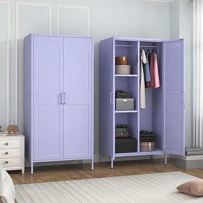 Metal Wardrobe with Lock 67"Clothing Steel Storage Cabinet Locker Hanging Rod And Adjustable Shelves 2 Doors Household kids wardrobe closet Lockers For Bedroom Home Purple Size:67"H X 31.5"W X 18.1"D