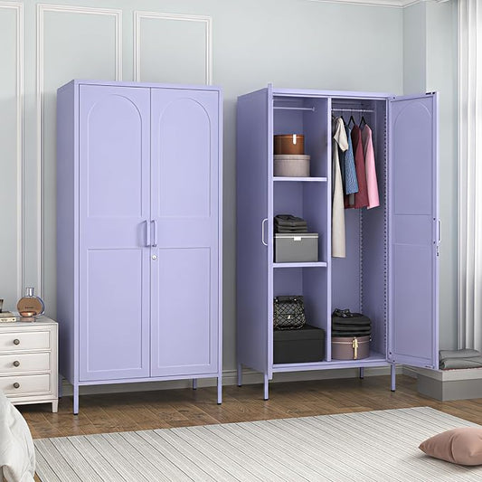 Metal Wardrobe with Lock 67"Clothing Steel Storage Cabinet Locker Hanging Rod And Adjustable Shelves 2 Doors Household kids wardrobe closet Lockers For Bedroom Home Purple Size:67"H X 31.5"W X 18.1"D