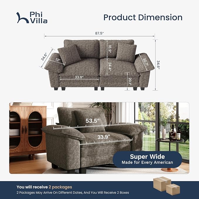 PHI VILLA Indoor Modular Couches Sets, 87.5" Sectional Loveseat Sofa with Upholstered Deep Seat, 2-Seater Comfy Couches for Living Room Bedroom, Chenille Fabric, Smoky Grey