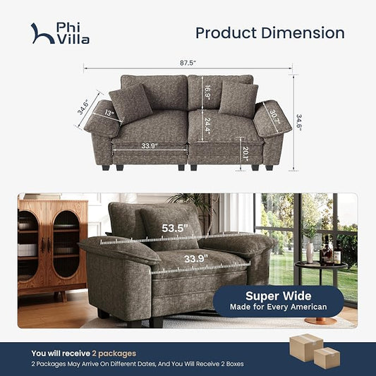 PHI VILLA Indoor Modular Couches Sets, 87.5" Sectional Loveseat Sofa with Upholstered Deep Seat, 2-Seater Comfy Couches for Living Room Bedroom, Chenille Fabric, Smoky Grey