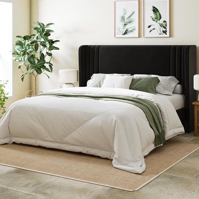 Allewie Queen Size Velvet Platform Bed Frame with Vertical Tufted Wingback Headboard, Easy Assembly, Under Bed Storage, No Box Spring Required, Modern Style, Black