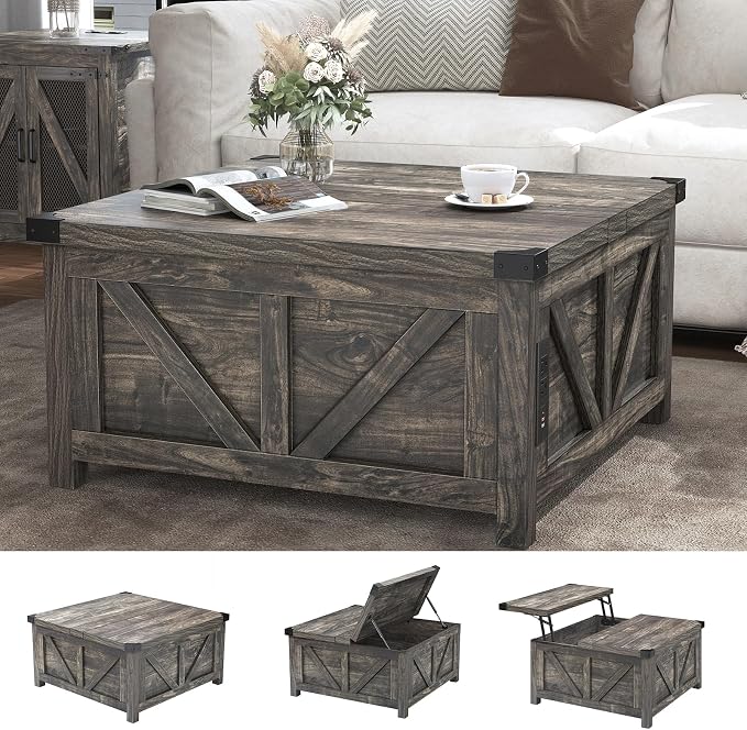 jimeimen Farmhouse Lift Top Coffee Table with Storage, Wood Square Center Table with Charging Station&USB Port, Living Room Table w/Large Hidden Space, for Living Room, Bedroom, Home Office, Dark Grey