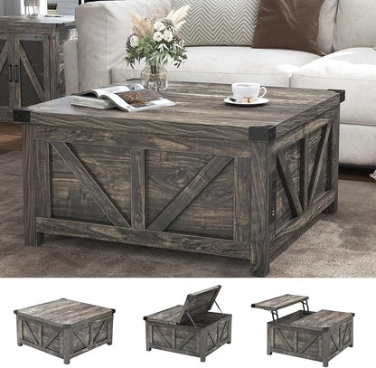 jimeimen Farmhouse Lift Top Coffee Table with Storage, Wood Square Center Table with Charging Station&USB Port, Living Room Table w/Large Hidden Space, for Living Room, Bedroom, Home Office, Dark Grey