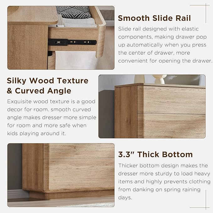 JXQTLINGMU 6 Drawer Dresser for Bedroom, 52" Wide Modern Wood Dressers with Push-to-Open Drawers for Closet Storage, Chest of Drawers TV Stand for Living Room & Hallway, Curved Profile, Natural Oak