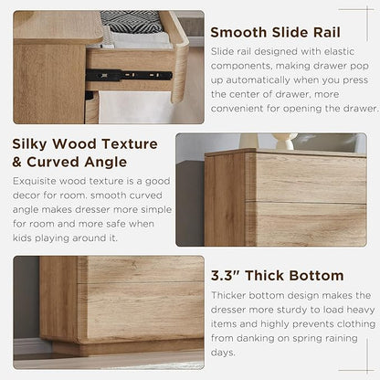 JXQTLINGMU 6 Drawer Dresser for Bedroom, 52" Wide Modern Wood Dressers with Push-to-Open Drawers for Closet Storage, Chest of Drawers TV Stand for Living Room & Hallway, Curved Profile, Natural Oak