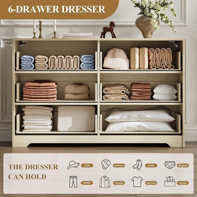 MALOL Coastline Fluted 6 Drawers Dresser for Bedroom, 48" Wide Modern Chest of TV Stand Organizers with Metal Handle, Storage Wooden Dresser Drawer for Living Room, Hallway, Closet, Natural Wood