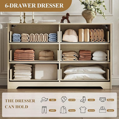 MALOL Coastline Fluted 6 Drawers Dresser for Bedroom, 48" Wide Modern Chest of TV Stand Organizers with Metal Handle, Storage Wooden Dresser Drawer for Living Room, Hallway, Closet, Natural Wood