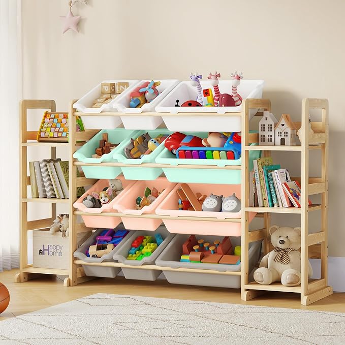 EXPERLAM Extra Large Toy Storage - Toy Storage Organizer, Wooden Toy Organizer with 6 Side Shelves and 12 Bins, 3-in-1 Bookshelf for Kids Rooms, Playroom, Nursery, Multi Color