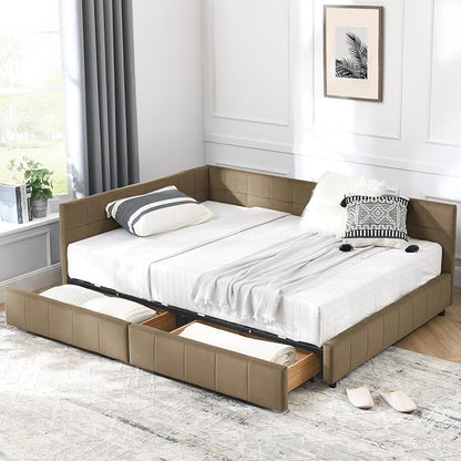 Bellemave Full Size Corner Bed Frame with Storage Drawers, Comfortable Backrest and Armrests, Velvet Tufted Corner Bed Frame Full Size, Upholstered Daybed for Bedroom, Living Room, Guest Room, Brown