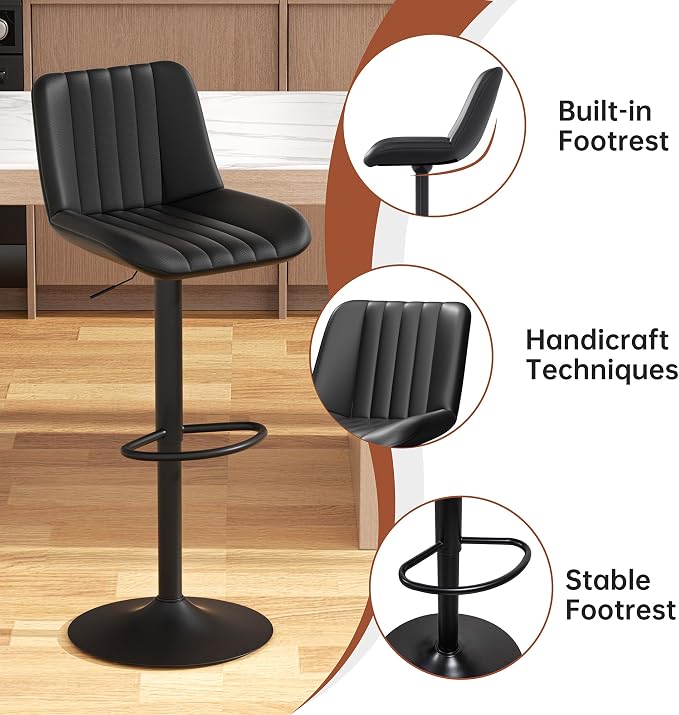 JAMFLY Modern Leather Bar Stools – Swivel & Height-Adjustable Bar Chairs with Footrest, Ergonomic Design for Kitchen Island, Home & Commercial Bar – Set of 2, Black