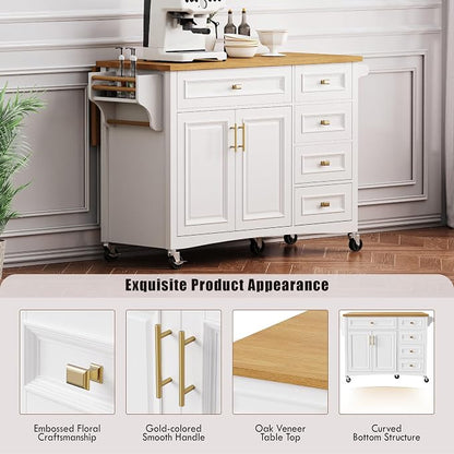 Large Kitchen Island with Rubber Wood Drop Leaf, Rolling Kitchen Cart with Ample Storage on Wheels with Doors and Drawers, Embossed Texture for Dining Room (52Inch, White, Golden Handle)