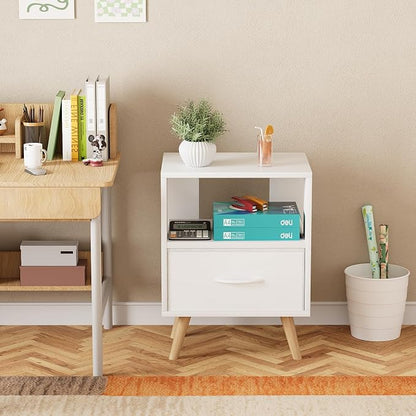 Huhote Kids Nightstand, 2-Tier Night Stand with Drawer, Modern Side Table for Bedroom, Study Room, Small Spaces, White