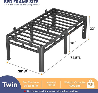 22 Inch Bed Frames Twin, Double Layer Heavy Duty Metal Platform Bedframe, Bed Frames with Headboard Holes, Round Corner Legs, No Box Spring Needed, Easy Assembly