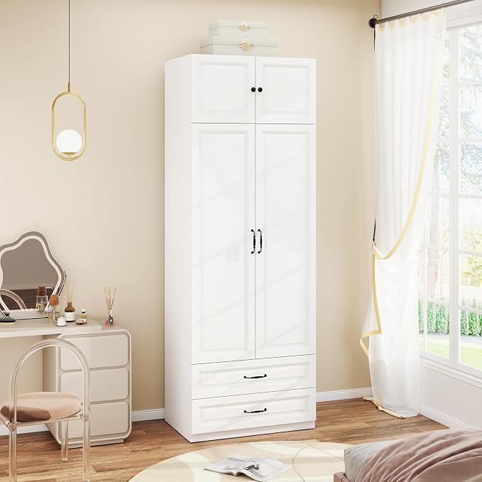 Armoire Wardrobe Closet with 2 Drawers: 88" White Bedroom Closet, Wood Wardrobe Closets with 2 Doors, Tall Armoire Cabinet and Storage Shelves for Clothing (31")