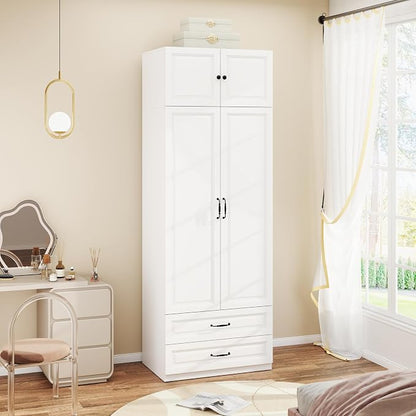 Armoire Wardrobe Closet with 2 Drawers: 88" White Bedroom Closet, Wood Wardrobe Closets with 2 Doors, Tall Armoire Cabinet and Storage Shelves for Clothing (31")