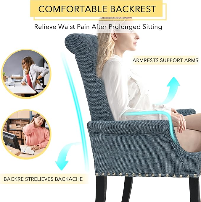 adochr Upholstered Fabric Accent Dining Chair, Arm Dining Chair with Elegant Tufted Club for Dining Room Kitchen Room, Dark Blue
