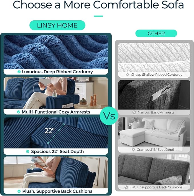 LINSY HOME Sectional Sofa with Pull Out Bed, 6 Seats Corduroy Reversible Sleeper Sofa with Storage Seats & Chaises, USB Ports, Cup Holders, Side Pocket, Sectional Couches for Living Room, Blue