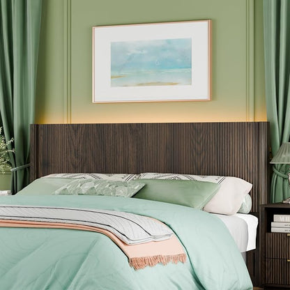 King Size Headboard Only, Modern Fluted Wall-Mounted Head Board with Lighting, Boho Wood Bed headboard Stylish Bedroom Decor, Espresso