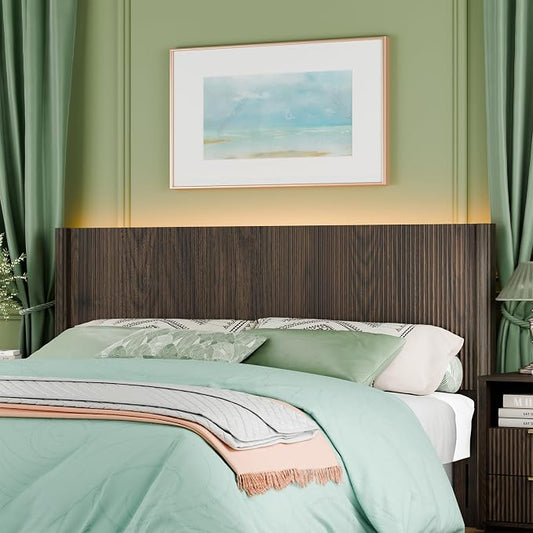 King Size Headboard Only, Modern Fluted Wall-Mounted Head Board with Lighting, Boho Wood Bed headboard Stylish Bedroom Decor, Espresso