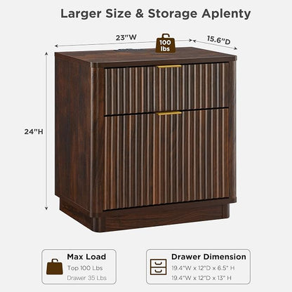 T4TREAM 23'' Fluted Nightstand with Charging Station, Large 2 Drawer Side Table, Modern End Table with Storage, Mid Century Bedside Table for Bedroom, Living Room, Curved Profile, Dark Walnut