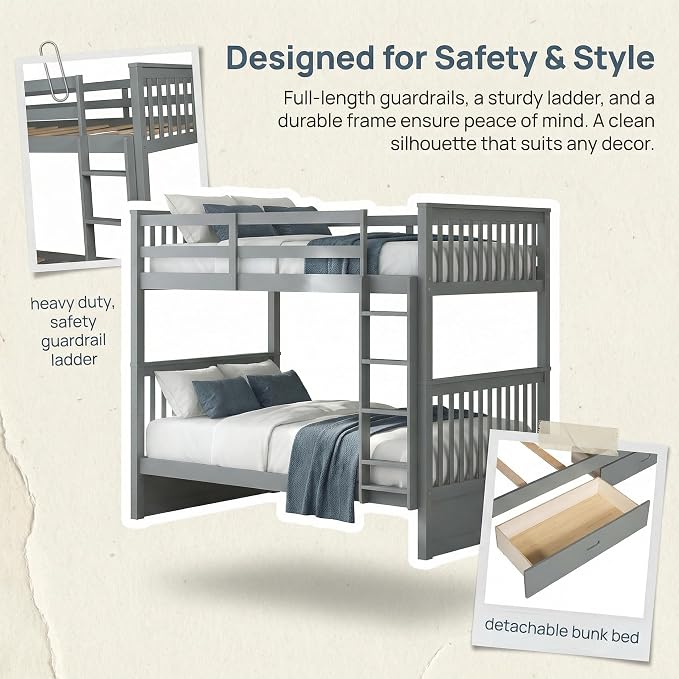 Merax Full-Over-Full Bunk Bed with Two Storage Drawers, Solid Wood Full Size Bunk Bed with Guardrail and Removable Ladder, Can be Converted Into 2 Separate Beds, Grey