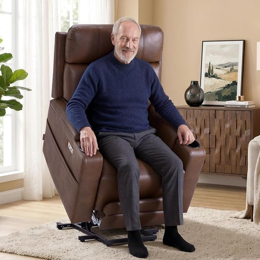 MCombo Lift Chair for Tall Man 6‘6’’, Dual Motor Power Lift Recliner Chair for Elderly, Lay Flat for Sleeping, Heat and Massage, USB & Type C, Faux Leather 7755 (Dark Brown)