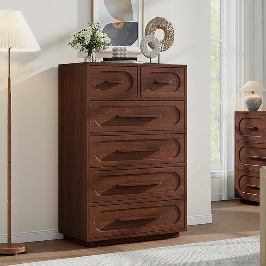 Walnut 6 Drawer Dresser for Bedroom, 44" Tall Dressers & Chest of Drawers with Solid Wood Handle, Wood Storage Dressers Organizer for Bedroom, Living Room