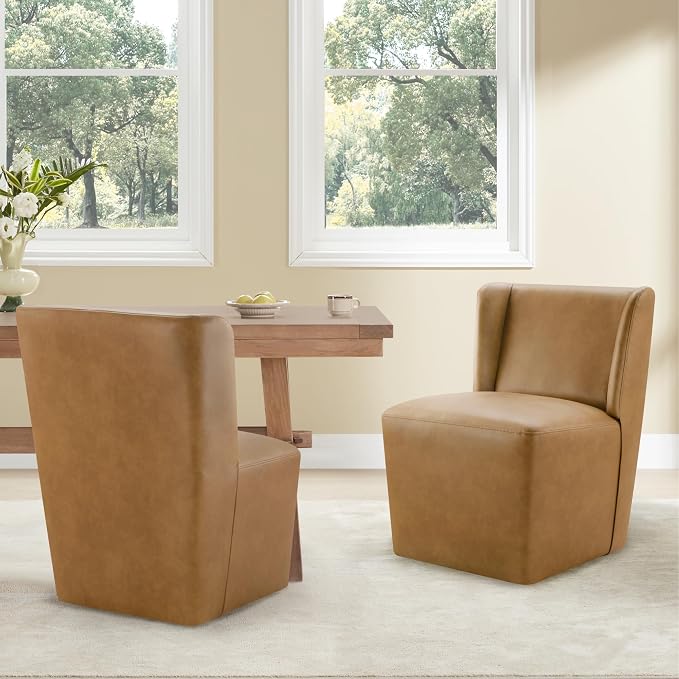KISLOT Upholstered Dining Chairs Set of 2 with Casters, Wingback Modern Side Armless Deskchair with Rollers for Diningroom Bedroom Livingroom Reading Room, Brown Faux Leather