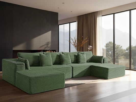 138" Cloud Sectional Couch, Comfort U Shaped Sofa for Living Room, Extra Deep Seats No Assembly, Minimalist Modular Couch, Corduroy (Olive Green, 6 Seats,U-Shape A)