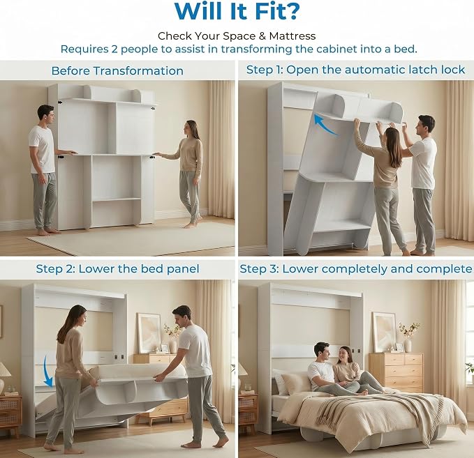 Mjkone Queen Size Wall Murphy Bed with Storage Shelf, Queen Wall Beds Cabinet Murphy Beds with Bookshelf, Top Cabinet Bedframe, Space-Saving Cabinets Beds for Bedroom/Guest Room/Studio/Office - White
