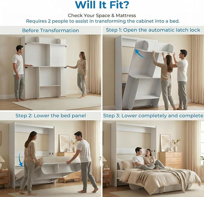 Mjkone Queen Size Wall Murphy Bed with Storage Shelf, Queen Wall Beds Cabinet Murphy Beds with Bookshelf, Top Cabinet Bedframe, Space-Saving Cabinets Beds for Bedroom/Guest Room/Studio/Office - White