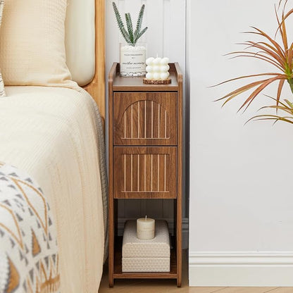 Narrow Nightstand Set of 2, Wooden Small 2 Drawer Nightstand, Slim Side End Table, Skinny Bedside Table, Mid Century Modern Night Stand with Drawers for Bedroom (Deep Walnut-2 pcs)