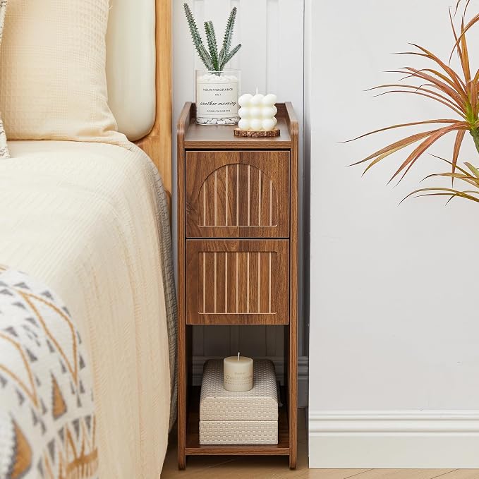 Walnut Narrow Nightstand, Wooden Small 2 Drawer Nightstand, Slim Side End Table, Skinny Bedside Table, Mid Century Modern Night Stand with Drawers, for Living Room (Deep Walnut-1 pc)