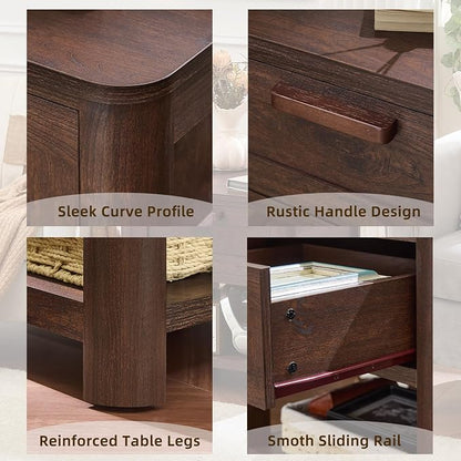 Joaxswe Farmhouse Night Stand Set of 2 with Charging Station, Wood Bed Side Tables Bedroom Set of 2 with Drawer & Open Storage Shelf, Walnut