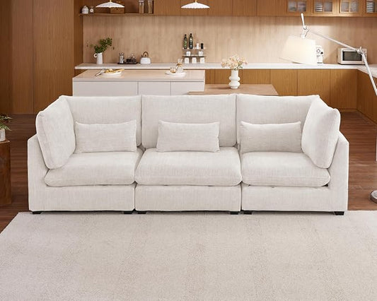 115" Oversized Chenille Couch Modular Sectional Sofa, Washable Cloud Couch Sectional, 3 Seater Sectional Couches for Living Room, Fully Cover Removable, Basic 3 Seater, Chenille, White