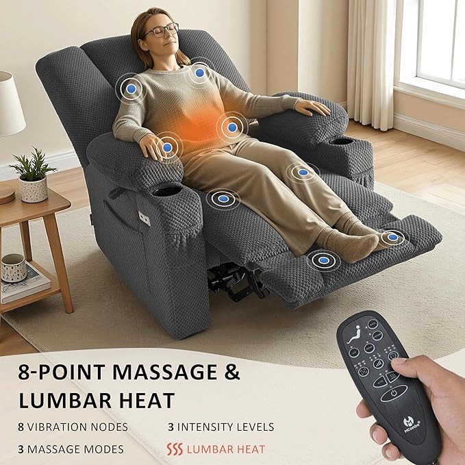 MCombo Oversized Zero Gravity Recliner Chair with Heating and Massage, Power Recliner for Big and Tall with USB & Type C Ports, Cup Holders for Living Room 8017 (Grey, Oversized)