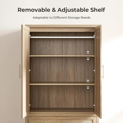 SICOTAS Armoire Wardrobe Closet, Larger Rattan Wardrobe Storage Cabinet with 2 Drawers & Hanging Rod, Boho Large-Capacity Deep Clothes Organizer for Cloakroom, Bedroom, Light Oak (3 PCS)