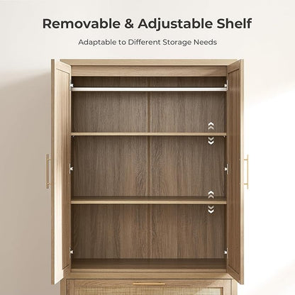 SICOTAS Rattan Armoire Wardrobe Closet Cabinet, 71" Wardrobe Storage Cabinet with 2 Drawers, and Hanging Rod, Boho Large-Capacity Deep Armoire Clothes Organizer for Bedroom, Cloak Room, Light Oak
