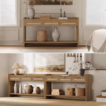 SICOTAS 60" Rattan Console Table Set of 2 - Farmhouse Entry Table Sofa Table with 3 Drawers, Narrow TV Console Table with Storage for Living Room, Hallway, Entryway