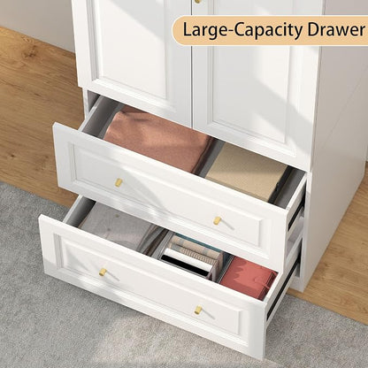 Bedroom Armoire Wardrobe Closet with Drawers: White Wardrobe Closet for Hanging Clothes, Large Wardrobes Storage Closets, Wood Closets Cabinets with Doors and Shelves (White, 31.5")