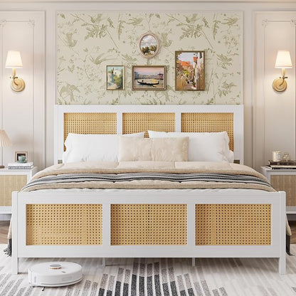 IDEALHOUSE Rattan Bed Frame with Headboard, Boho King Size Bed Frame with Strong Metal Slats Support, No Box Spring Needed, Noise-Free Design, White