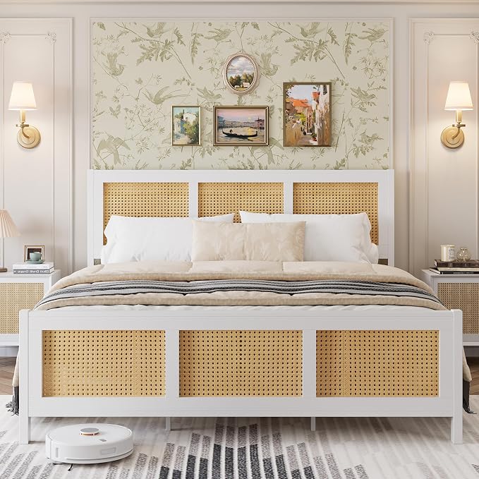 IDEALHOUSE Rattan Bed Frame with Headboard, Boho Queen Bed Frame with Strong Metal Slats Support, No Box Spring Needed, Noise-Free Design, White