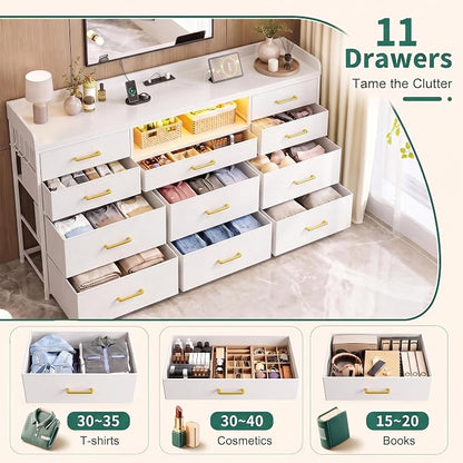 Bepatio LED Dresser for Bedroom with 11 Drawers,Power Strip,4 Hooks,White | Stylish Dressers & Chests of Drawers with 2 Wood Storage Shelves, TV Stand for 50/55/60 Inch TVs, Sturdy Metal Frame