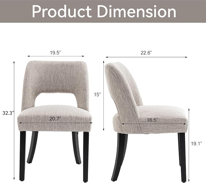 VKNOW Wooden Dining Chairs Set of 6, Modern Fabric Upholstered Dining Room Chair Kitchen Chairs, Farmhouse Dinner Chair for Kitchen Dining Room, Grey-Black Legs