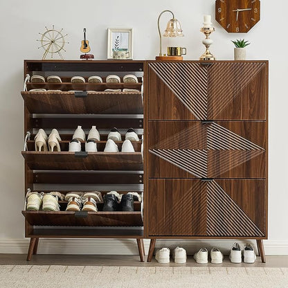 oakvivo Shoe Cabinet with 3 Flip Drawers, Freestanding Narrow Shoe Storage Cabinet for Entryway, Modern Shoe Organizer with 4 Wooden feet, Hidden Shoe Rack for Hallway Mudroom, Walnut