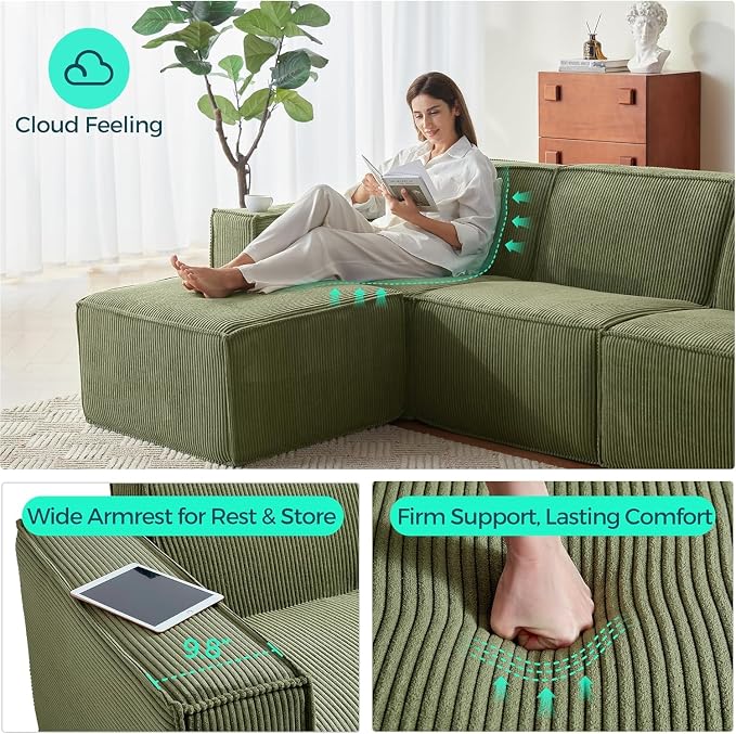 LINSY HOME Modular Sectional Sofa, 105" Boneless Couch L Shaped 3-Seat Sofa with Ottoman, Corduroy Sectional Cloud Couches for Living Room, No Assembly Required, Green