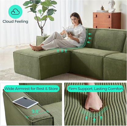 LINSY HOME Modular Sectional Sofa, 134" Boneless Couch U Shaped 4-Seat Sofa with 2 Movable Ottomans, Corduroy Sectional Cloud Couches for Living Room, No Assembly Required, Green